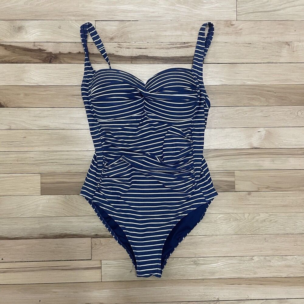 Niptuck 1 Piece Swimsuit Blue Striped Ruched Waist Adjustable Straps Size 8